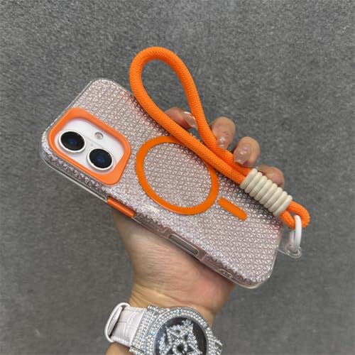 FYYFTYT Luxuriöses, glitzerndes, magnetisches Armband mit Lanyard-Hülle für kabelloses Laden (für iPhone 16 Plus/Orange) von FYYFTYT