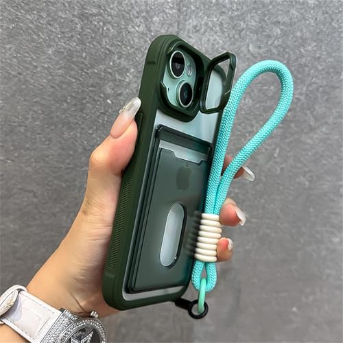 FYYFTYT Luxus-Kartenhalter mit Steckplatz, Brieftasche, Handgelenkschlaufe, transparente Linsenhalterung, Schutzhülle (für iPhone 14 Pro Max/Grün) von FYYFTYT