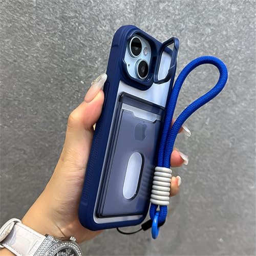 FYYFTYT Luxus-Kartenhalter mit Steckplatz, Brieftasche, Handgelenkschlaufe, transparente Linsenhalterung, Schutzhülle (für iPhone 15 Pro/Marineblau) von FYYFTYT
