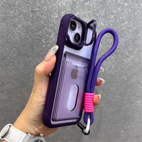 FYYFTYT Luxus-Kartenhalter mit Steckplatz, Brieftasche, Handgelenkschlaufe, transparente Linsenhalterung, Schutzhülle (für iPhone 15 Pro Max/Dunkelviolett) von FYYFTYT