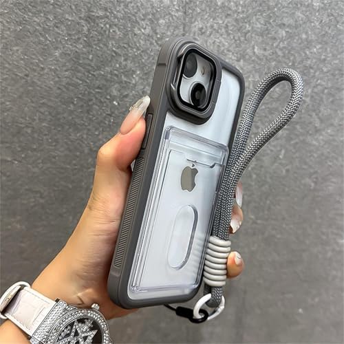 FYYFTYT Luxus-Kartenhalter mit Steckplatz, Brieftasche, Handgelenkschlaufe, transparente Linsenhalterung, Schutzhülle (für iPhone 16 Pro/Grau) von FYYFTYT