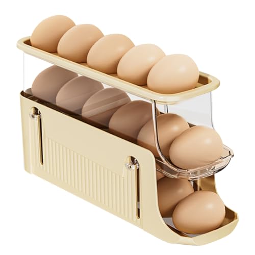 3 Etagen Eierhalter Kühlschrank, Eierbehälter für Kühlschrank, Stapelbarer Rolldown Eier Organizer, Eier Aufbewahrung Kühlschrank, Automatischer Eierhalter Platzsparende Eierbox für Küche (Creme) von FZQBEY
