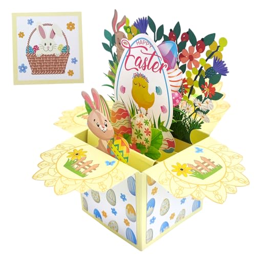 3D Osterkarte Pop up Karte, Osterkarte mit Umschlag Karte, Ostern Grußkarte Happy Easter mit Osterhasen Ostereier Blumen Ostern Geschenkkarte Ostergeschenke für Kinder, Familie und Freunde (A) von FZQBEY