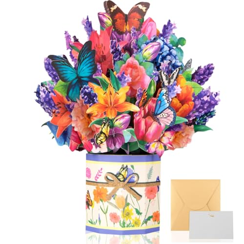3D Pop Up Grußkarten, 3D Blumenkarte für Frau, Mutter & Freundin, Pop Up Karte Blumen mit Umschlag Nachrichtenkarten für Geburtstag, Muttertag, Hochzeit, Graduierungszeremonie (Blume Schmetterling) von FZQBEY