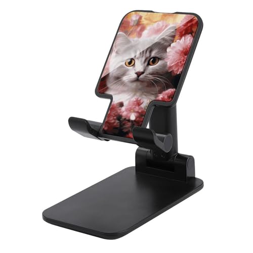 FZQVSGW Handy-Ständer für Schreibtisch, faltbar, verstellbare Drehung, Katze in Blumen, Tablet-Ständer, tragbare Handyhalter mit 10,2 - 33 cm (4 - 13 Zoll) Handys und Tablets, Schwarz von FZQVSGW