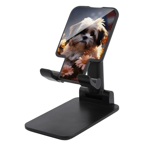 FZQVSGW Handy-Ständer für Schreibtisch, faltbar, verstellbare Drehung, Shih Tzu Hund und Blumen, Tablet-Ständer, tragbare Handyhalter mit 10,2 - 33 cm (4 - 13 Zoll) Handys und Tablets, Schwarz von FZQVSGW