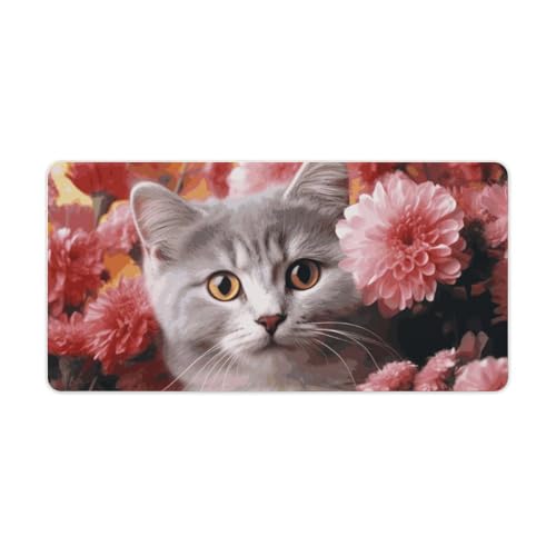 Großes erweitertes Computer-Mauspad für Schreibtisch, Gummiunterseite, Katze in Blumen, Tastaturunterlage, rutschfeste Schreibtischunterlage, Laptop-Schreibtischunterlage für Gaming, Büro, Arbeit von FZQVSGW