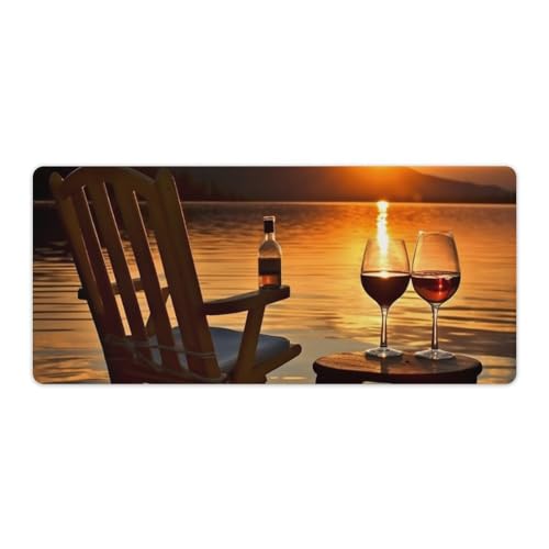 Großes erweitertes Computer-Mauspad für Schreibtisch, Gummiunterseite, Stuhl und Wein bei Sonnenuntergang, See, Tastatur-Pad, rutschfeste Schreibtischunterlage, Laptop-Schreibtischunterlage für Gaming von FZQVSGW