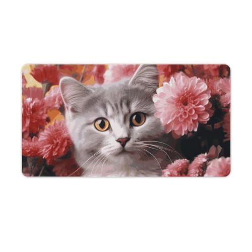 Großes erweitertes Computer-Mauspad für den Schreibtisch, Gummiunterseite, Katze in Blumen, Tastaturunterlage, rutschfeste Schreibtischunterlage, Laptop-Schreibtischunterlage für Gaming, Büro, Arbeit von FZQVSGW