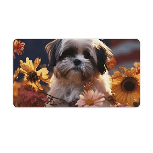 Großes erweitertes Computer-Mauspad für den Schreibtisch, Gummiunterseite, Shih Tzu Hund und Blumen, Tastaturunterlage, rutschfeste Schreibtischunterlage, Laptop-Schreibtischunterlage für Gaming, Büro von FZQVSGW