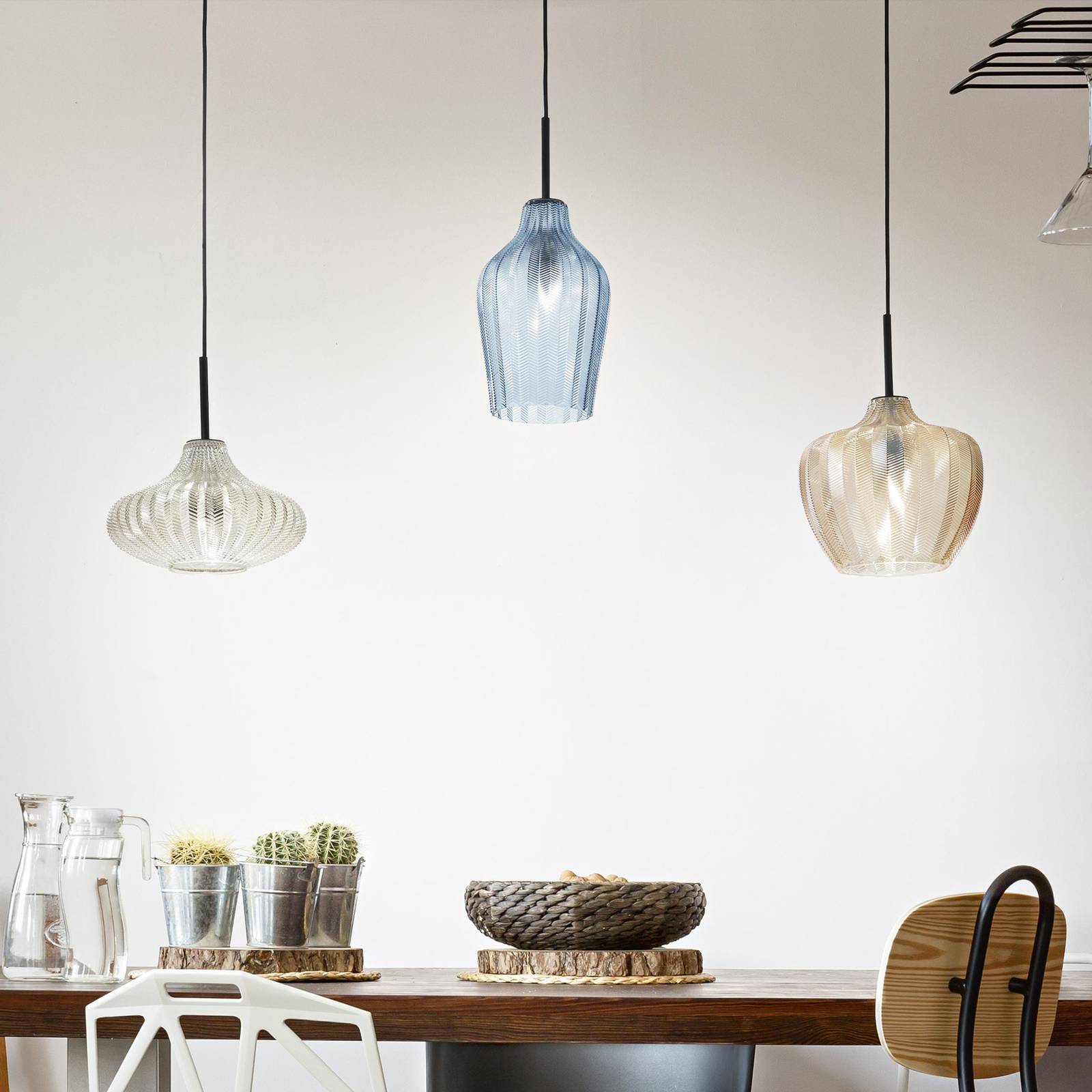 Hängelampe Olbia, linear, 3-flammig, amber/blau/beige, Glas Hängelampe Olbia, linear, 3-flammig, amber/blau/beige, Glas von Fabas Luce
