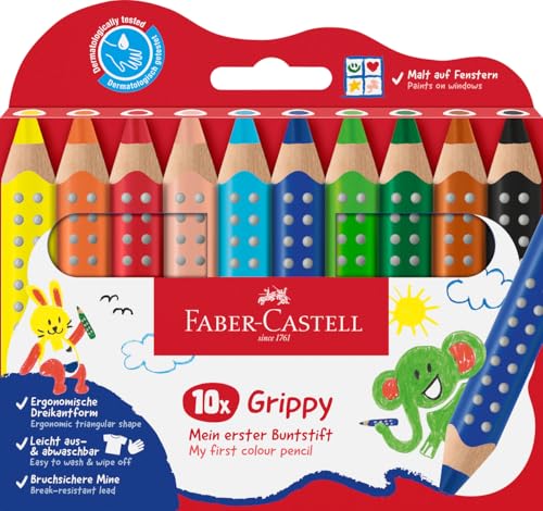 Faber-Castell 110624 Set Grippy, 10 Jumbo Buntstifte für Kleinkinder, leicht abwaschbare Malstifte für Kinder, ergonomische dreieckige Form, dicke Buntstifte, 10mm icke Mine von Faber-Castell