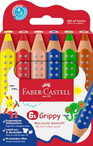 Faber-Castell 110630 Set Grippy, 6 Jumbo Buntstifte für Kleinkinder, leicht abwaschbare Malstifte für Kinder, ergonomische dreieckige Form, dicke Buntstifte, 10mm dicke Mine Faber-Castell 110630 Set Grippy, 6 Jumbo Buntstifte für Kleinkinder, leicht abwaschbare Malstifte für Kinder, ergonomische dreieckige Form, dicke Buntstifte, 10mm dicke Mine von Faber-Castell