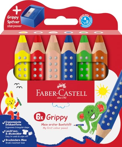 Faber-Castell 110635 Set Grippy, 6 Jumbo Buntstifte für Kleinkinder, leicht abwaschbare Malstifte für Kinder, ergonomische dreieckige Form, dicke Buntstifte, 10mm dicke Mine, Anspitzer Inklusive Faber-Castell 110635 Set Grippy, 6 Jumbo Buntstifte für Kleinkinder, leicht abwaschbare Malstifte für Kinder, ergonomische dreieckige Form, dicke Buntstifte, 10mm dicke Mine, Anspitzer Inklusive von Faber-Castell