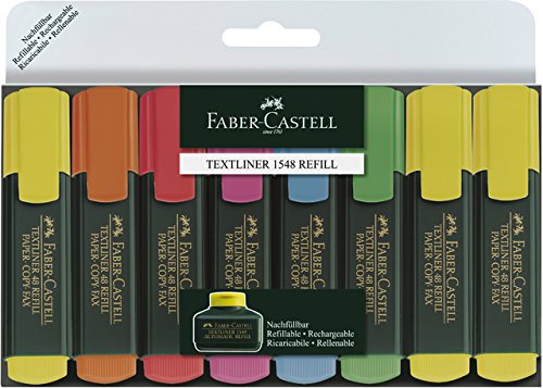 FABER-CASTELL Textmarker TEXTLINER 48 REFILL, nachfüllbar, Keilspitze, 1-5 mm, Schaftfarbe: dunkelgrün, Schreibfarbe: sortiert (8 Stück), Sie erhalten 1 Packung á 8 Stück von Faber-Castell
