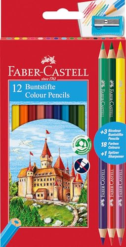 Faber-Castell 110312 - Buntstifte Set für Kinder und Erwachsene, 15-teilig, bruchsicher, inkl. 3 Bicolour Buntstifte und 1 Spitzer von Faber-Castell
