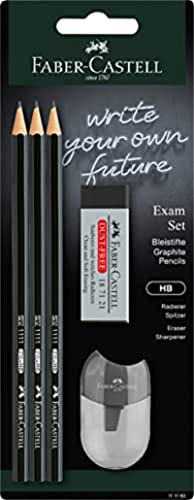 Faber-Castell 111183 - Bleistiftset Exam, mit drei Bleistiften 1111 Härtegrad HB, mit Spitzer und Radierer, Schwarz von Faber-Castell