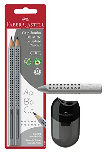 Faber-Castell 111997-2 Jumbo GRIP Bleistifte, Härtegrad: B, Schaftfarbe: silber (+ Spitzer schwarz & Dreieckradierer grau) von Faber-Castell