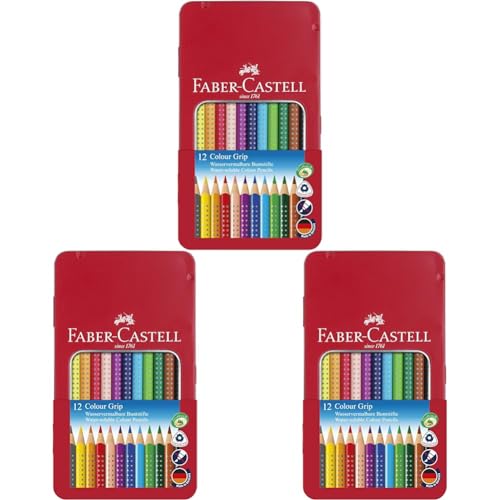 Faber-Castell 112413 - Buntstifte Colour GRIP, 12er Metalletui (Packung mit 3) von Faber-Castell
