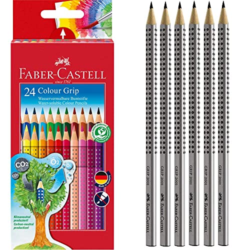 Faber Castell 112424 - Farbstifte Colour Grip 2001, 24 Stück im Kartonetui & 117697-6 Bleistifte GRIP 2001, Härtegrad: HB, Schaftfarbe: silber von Faber-Castell