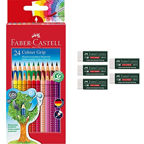 Faber-Castell 112424 - Farbstifte Colour Grip 2001, 24 Stück im Kartonetui & 205002 - Radierer 188121, PVC-Free, Kunststoff, weiß, 5 Stück von Faber-Castell