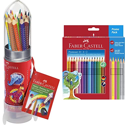 Faber-Castell 112457 - Malset Colour Grip Rakete, 15 Buntstifte & 201540 - Buntstifte Set für Kinder und Erwachsene, 24-teilig, dreikant, bruchsicher, inkl. 4 Neonfarben und 2 Bleistiften von Faber-Castell