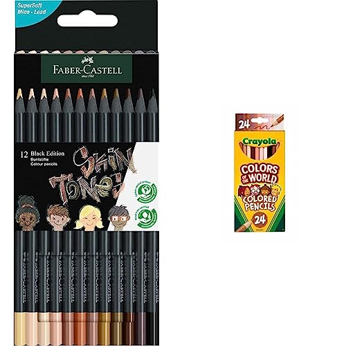 Faber-Castell 116414 - Buntstifte hautfarben Black Edition, 12er Kartonetui, bruchsicher, dreikant & Crayola Colours of the World Buntstifte Hautfarbe, Malstifte Set für Kinder in 24 Farbtönen von Faber-Castell