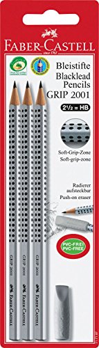 Faber-Castell 117197 - Bleistiftset GRIP 2001 mit Gummi-Tip, Härtegrad: HB, Schaftfarbe: silber, 3 Bleistifte im Blister von Faber-Castell