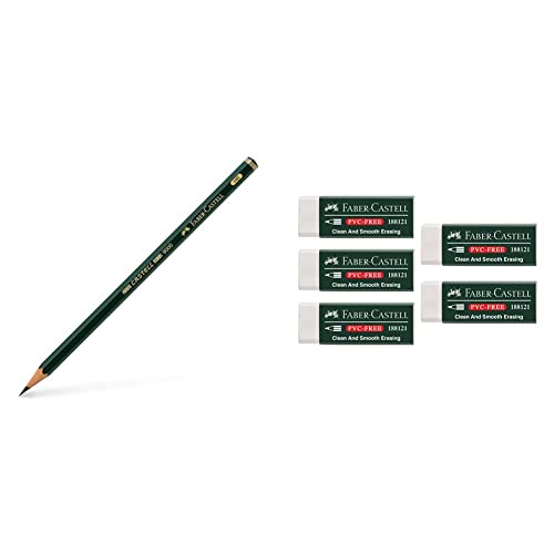 Faber-Castell 119000 Bleistift CASTELL 9000, HB, 12 Stück (1er Pack) & 205002 - Radierer 188121, PVC-Free, Kunststoff, weiß, 5 Stück von Faber-Castell