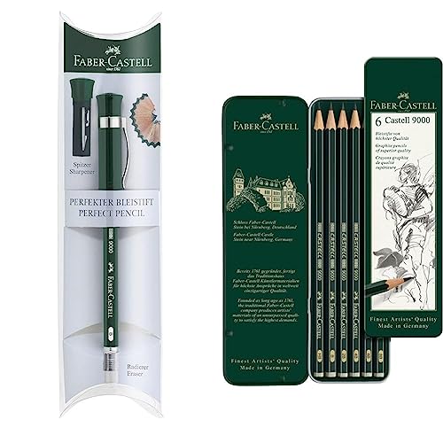 Faber-Castell 119037 - Perfekter Bleistift Castell 9000, Härtegrad B, Schaftfarbe: grün & 119063 - Bleistift Castell 9000, 6er Etui von Faber-Castell