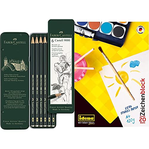 Faber-Castell 119063 Bleistift Castell 9000, 6-er Etui + Idena 10387 - Zeichenblock, DIN A4, 20 Blatt, 120 g/m², 1 Stück von Faber-Castell