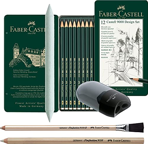 Faber-Castell 119064 - Bleistift CASTELL 9000, 12er Design Set, Inhalt: 5B - 5H + 2 Radierstifte, Estompe und Spitzdose von Faber-Castell