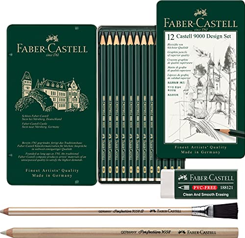 Faber-Castell 119064 - Bleistift CASTELL 9000, 12er Design Set, Inhalt: 5B - 5H + 2 verschiedene Radierstifte und PVC-Free Radierer von Faber-Castell