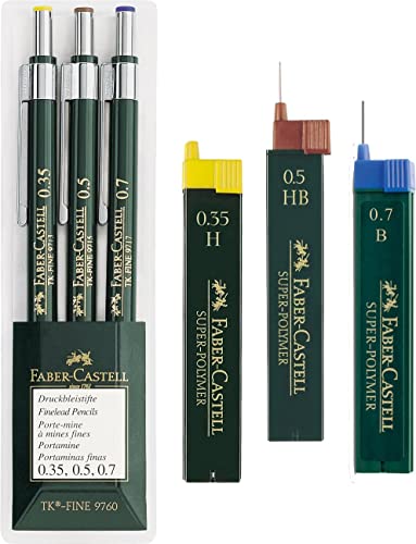 Faber-Castell 136030-3er Set Druckbleistifte TK-FINE 9760, Minenstärken: 0,35 mm; 0,5 mm + 0,7 mm, Schaftfarbe: grün | Eco Bundle mit Ersatzminen 0.35 H 0.5 HB 0.7 B von Faber-Castell