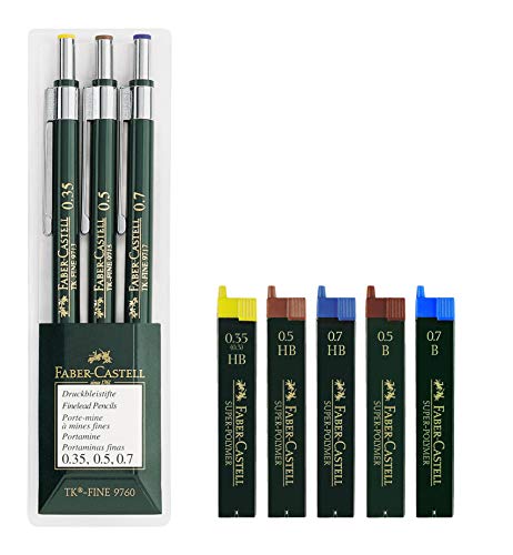 Faber-Castell 136030 - 3er Set Druckbleistifte TK-FINE 9760 | Minenstärken: 0,35 mm; 0,5 mm + 0,7 mm, Schaftfarbe: grün | Eco Bundle mit 5er Set Ersatzminen HB und B von Faber-Castell