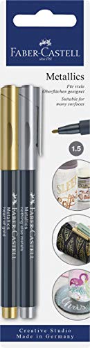 Faber-Castell 160796 - Metallics Marker mit Faserspitze, 1,5 mm Strichstärke, für viele Oberflächen geeignet, mit Metalliceffekt in gold und silber, 2er Set von Faber-Castell