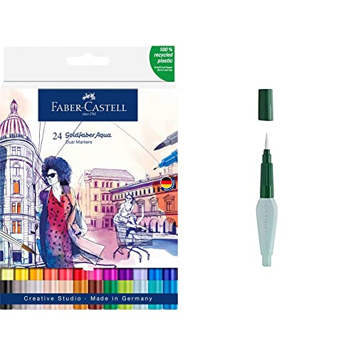 Faber-Castell 164624 - Goldfaber Aqua Dual Marker, mit Pinselspitze und Fineliner Spitze, 24er Etui & 185105 - Art & Graphic Wassertankpinsel, 1 Stück, medium brush von Faber-Castell