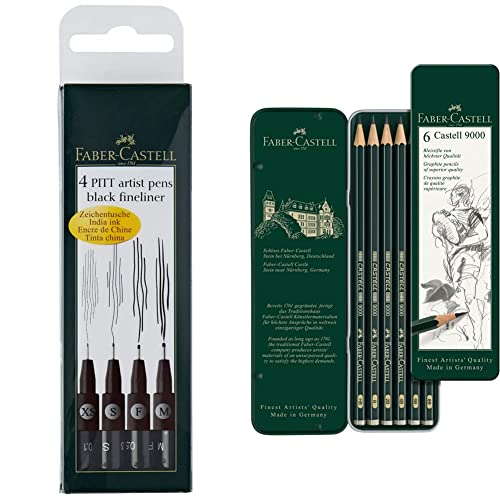 Faber-Castell 167115 - Tuschestift PITT artist pen, 4er Packung, Inhalt: M, F, S, XS, schwarz & 119063 - Bleistift Castell 9000, 6er Etui von Faber-Castell