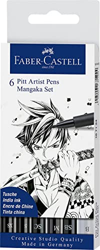 Faber-Castell 167124 - Tuschestift Pitt Artist Pen Mangaka, Schreibfarbe schwarz und grau mit verschiedenen Spitzen, 6er Etui von Faber-Castell