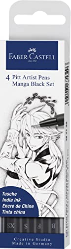 Faber-Castell 167132 Tuschestifte Set in Schwarz, Etui mit 4 Stiften, Feine Spitzen und Pinselspitzen in Schwarz, Geeignet für Präzises Zeichnen und Kreative Manga-Kunstwerke von Faber Castell