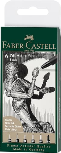 Faber-Castell 167154 - Tuschestift Pitt Artist Pen, Farbe 199, schwarz, XXS, XS, S, F, M, 1.5, 6er Etui von Faber-Castell