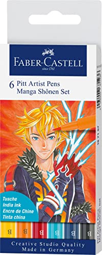 Faber-Castell 167157 Tuschestifte Shônen Set, Etui mit 6 Pinselstiften in Verschiedenen Farben, Geeignet für Präzises Zeichnen und Kreative Manga-Kunstwerke von Faber Castell