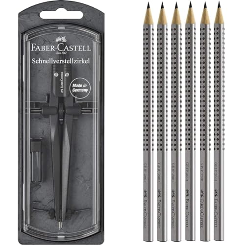 Faber-Castell 174530 - Schnellverstellzirkel Stream, Blackstone, 1 Stück & 117697-6 Bleistifte GRIP 2001, Härtegrad: HB, Schaftfarbe: silber von Faber-Castell
