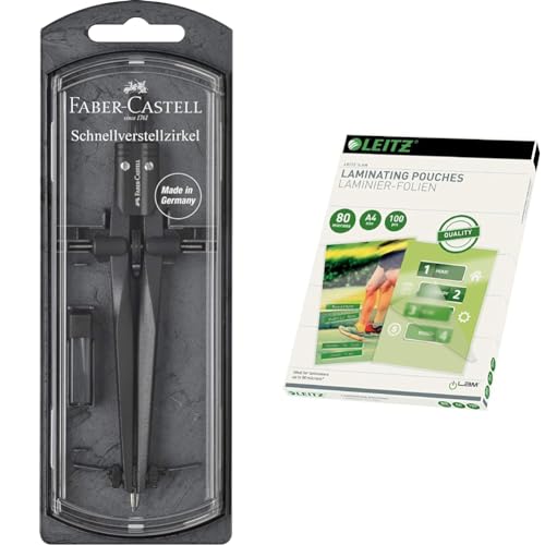 Faber-Castell 174530 - Schnellverstellzirkel Stream & Leitz Heißlaminierfolien A4 80 mic von Faber-Castell