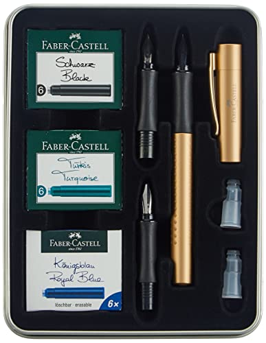 Faber-Castell 201523 - Grip Edition Set, Füller mit Tintenfass 30 ml königsblau und Konverter, im Metalletui, gold, 1 Set von Faber-Castell