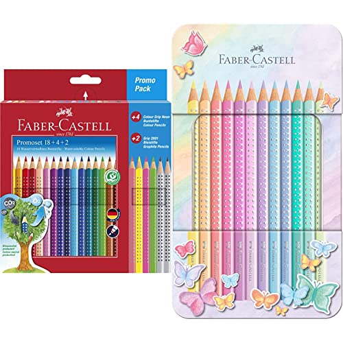 Faber-Castell 201540 - Buntstifte Set für Kinder und Erwachsene, 24-teilig, dreikant, bruchsicher, inkl. 4 Neonfarben und 2 Bleistiften & 201910 - Buntstifte Sparkle Pastell, 12er Metalletui von Faber-Castell