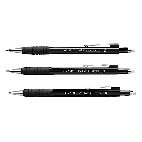 FABER-CASTELL 205023 - Druckbleistift Set GRIP 1345 black, 3 Stück, Härtegrad B, Minenstärke 0.5 mm, mit integriertem Radiergummi von FABER-CASTELL