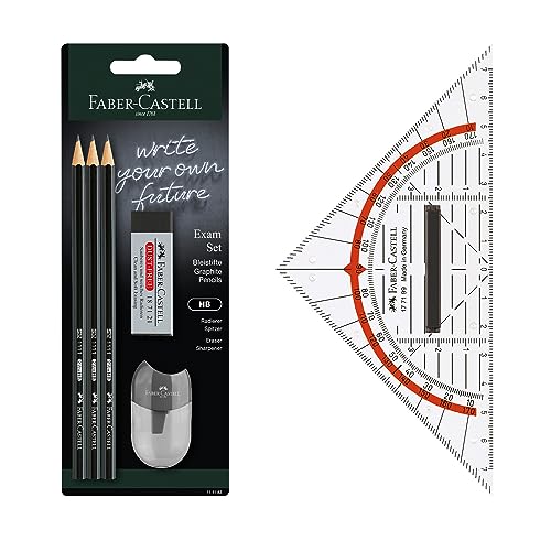 FABER-CASTELL 205067 - Bleistift Exam Set mit Geodreieck 14 cm, Bleistifte HB, Radiergummi und Spitzer von FABER-CASTELL
