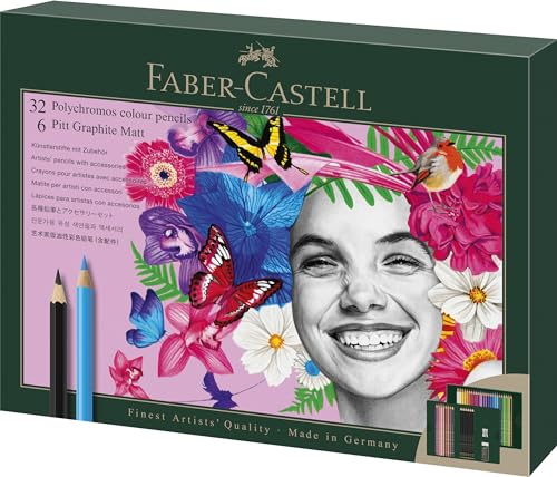 Faber-Castell 210053 - Zeichenset 40-teilig mit Polychromos Buntstifte und Bleistifte Pitt Graphite Matt, inkl. Anspitzer und Radierer von Faber-Castell