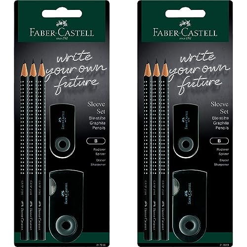 Faber-Castell 217059 - Bleistifte Set Sleeve, mit Spitzer, Radiergummi und 3 Bleistifte, Schreibset Grip 2001 schwarz (Packung mit 2) von Faber-Castell